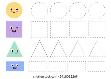 Educational worksheet for children. Trace the shapes. Circle, square and triangle, rectangle. Set of geometric shapes.Handwriting practice for preschoolers. Educational cards for children.