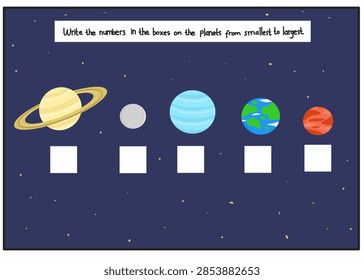 Educational worksheet for children to write planet numbers in order from smallest to largest, featuring colorful solar system planets and a fun space theme.