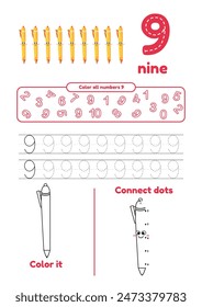 Educational worksheet with color school supplies, dot to dot, trace for kids. Learn number 9