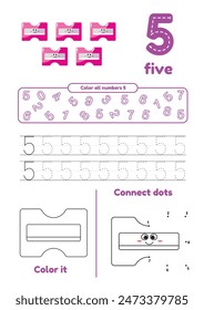 Educational worksheet with color school supplies, dot to dot, trace for kids. Learn number 5