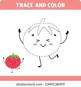 Hoja de cálculo educativa con juego de colorear para niños con seguimiento. Trazar tomate.  Actividad.