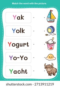 Hoja de trabajo educativa diseñada para que los estudiantes jóvenes practiquen el vocabulario y el reconocimiento de palabras. Esta hoja de trabajo imprimible de correspondencia anima a los niños a hacer coincidir cada palabra con la imagen correcta, ayudando a desarrollar habilidades de lectura temprana, comprensión del lenguaje y reconocimiento visual.