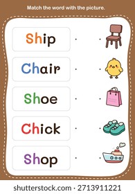 Educational worksheet designed for young learners to practice vocabulary and word recognition. This printable matching worksheet encourages children to match each word with the correct picture, helping develop early reading skills, language comprehension, and visual recognition.