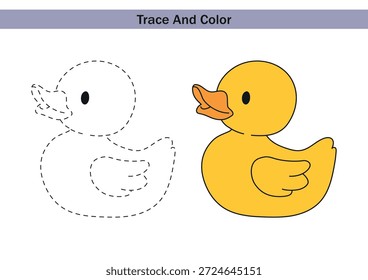 Educational worksheet with a duck to trace and colour color. Dashed outline for tracing and a cute duck for kids fine motor skills practice and early learning activities.
