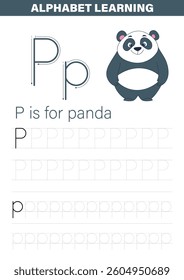 Educational worksheet featuring the letter 'P' with a cute panda illustration for kids learning alphabet and handwriting skills.