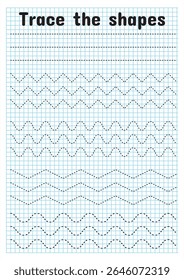 Educational worksheet with grid and dotted wave patterns for kids to trace, perfect for learning shapes and motor skills.
