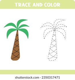 Educational worksheet with handwriting practice. Trace and color palm. Activity page for preschool kids