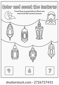 Ilustração de planilha educacional com atividade de contagem de lanterna estilo de linha preta no plano de fundo branco. Projetado para crianças aprendendo números através de exercícios com tema islâmico.