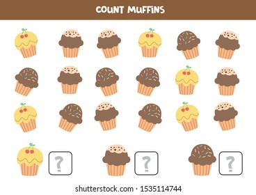 Educational worksheet for kids. Count each muffin. Math game for kids. 