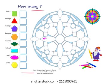 Educational worksheet for kids. Count the quantity of geometric figures and write numbers. Paint the beautiful mandala. Coloring book for children. Math logic puzzle game. Developing counting skills.