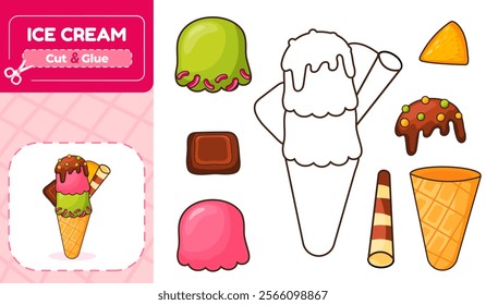 Educational worksheet for kids with cut and glue activity to create a colorful ice cream, perfect for learning and fun