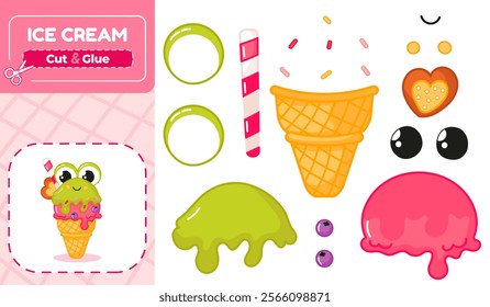 Educational worksheet for kids with cut and glue activity to create a colorful frog shaped ice cream, perfect for learning and fun