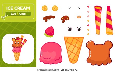 Educational worksheet for kids with cut and glue activity to create a colorful bear shaped ice cream, perfect for learning and fun