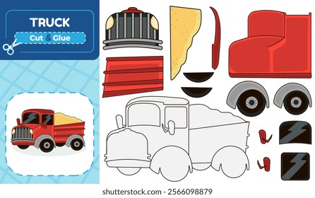 Educational worksheet for kids with cut and glue activity to create a colorful truck, perfect for learning and fun