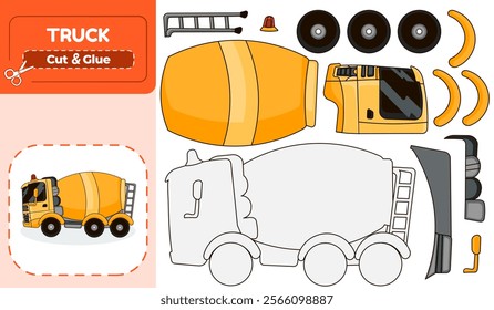 Educational worksheet for kids with cut and glue activity to create a colorful concrete mixer truck, perfect for learning and fun