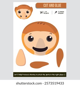 Educational worksheet for kids featuring proboscis monkey cutout and gluing activity