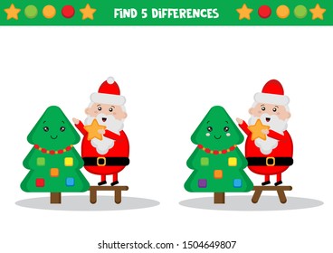 Educational worksheet for kids. Find differences. Santa Claus decorating christmas tree