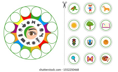 Educational worksheet for kids. Game for Kids to Compare and Connect Objects and Shadows. The picture of senses and objects - touch, taste, hearing, sight, smell