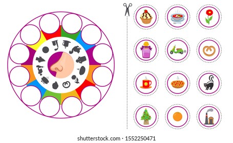 Educational worksheet for kids. Game for Kids to Compare and Connect Objects and Shadows. The picture of senses and objects - touch, taste, hearing, sight, smell