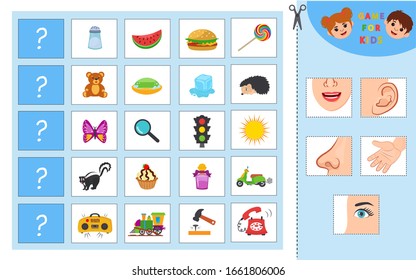 Educational worksheet for kids. Game for Kids.  Match of senses and objects. The picture of senses and objects - touch, taste, hearing, sight, smell