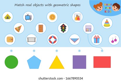 Educational worksheet for kids. Game for Kids. Match parts of objects and geometric shapes. Triangle, square, circle, pentagon. Worksheet for kids learning forms