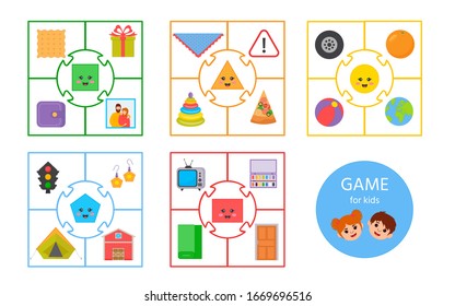 Educational worksheet for kids. Game for Kids. Match parts of objects and geometric shapes. Triangle, square, circle, pentagon. Worksheet for kids learning forms