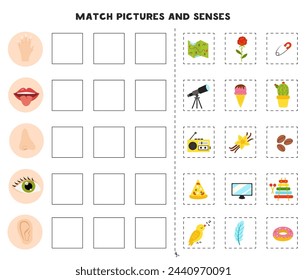 Lernarbeitsblatt für Kinder. Spiel für Kinder. Sinnesorgane und -objekte abstimmen. Hören, Sehen, Geruchssinn, Berühren. Logik-Puzzle.