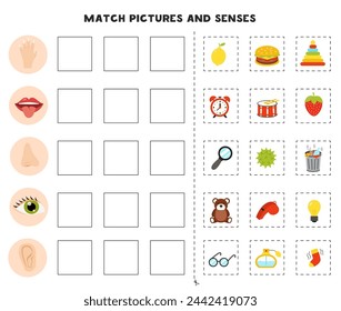 Educational worksheet for kids. Game for Kids. Match sense organs and objects. Hearing, vision, sense of smell, touch. Logic puzzle.