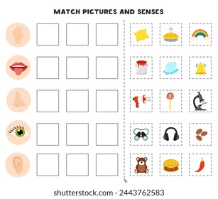 Lernarbeitsblatt für Kinder. Spiel für Kinder. Sinnesorgane und -objekte abstimmen. Hören, Sehen, Geruchssinn, Berühren. Logik-Puzzle.