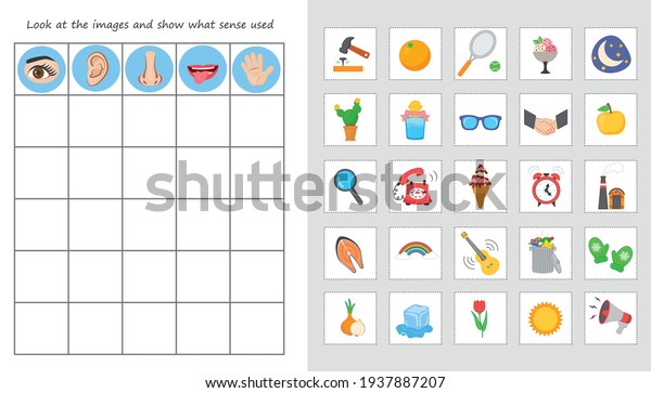 Educational worksheet for kids. Game for Kids.\
Match of senses organs and objects. Hearing, vision, sense of\
smell, touch. logic\
puzzle