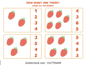 Educational worksheet for kids. Games for kids. Countable. Count strawberries.