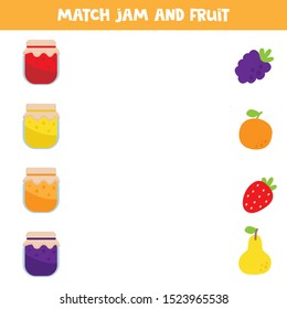 Educational worksheet for kids. Games for kids. Match jam and fruits or berries. 