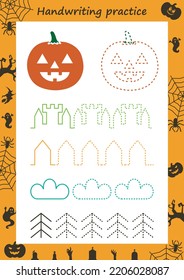 Educational worksheet for kids. Handwriting practice. Spider and his web. Trace the lines. Printable for halloween.
