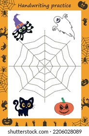 Educational worksheet for kids. Handwriting practice. Spider and his web. Trace the lines. Printable for halloween.