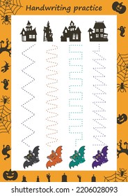 Educational worksheet for kids. Handwriting practice. Spider and his web. Trace the lines. Printable for halloween.