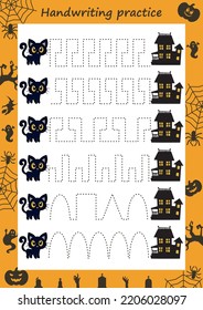 Lehrblatt für Kinder. Handschriftübungen. Spinne und sein Netz. Fangen Sie die Zeilen nach. Druckbar für Halloween.
