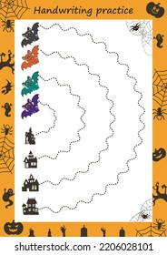 Lehrblatt für Kinder. Handschriftübungen. Spinne und sein Netz. Fangen Sie die Zeilen nach. Druckbar für Halloween.