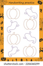 Hoja de trabajo educativa para niños. Práctica de escritura a mano. Spider y su web. Rastrear las líneas. Imprimible para halloween.