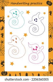 Hoja de trabajo educativa para niños. Práctica de escritura a mano. Spider y su web. Rastrear las líneas. Imprimible para halloween.