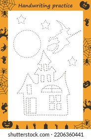 Educational worksheet for kids. Handwriting practice. Spider and his web. Trace the lines. Printable for halloween.