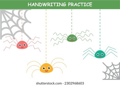 Educational worksheet for kids. Handwriting practice. Cute spider and his web. Trace the lines. Printable for halloween.