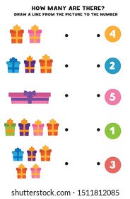 Educational worksheet for kids. How many are there. Count the gift boxes.