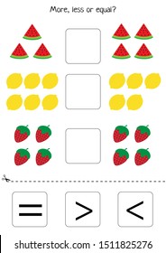 Educational worksheet for kids. More, less or equal. Count the fruits. 