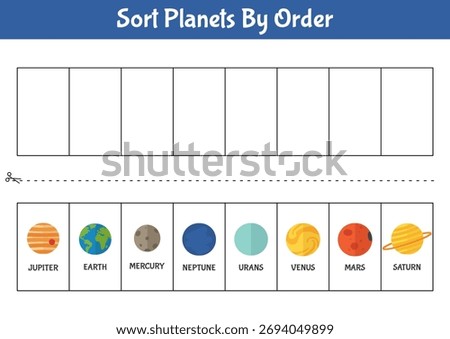 Educational worksheet for kids practice solar system knowledge by sorting the eight planets in order from the sun