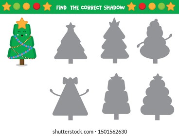 Educational worksheet for kids. Printable pages for preschool children. Christmas trees. Find correct shadow