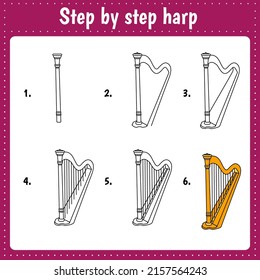 Hoja de trabajo educativa para niños. Ilustración de dibujo paso a paso. Harp. Página de actividades para la educación preescolar.