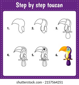 Educational worksheet for kids. Step by step drawing illustration. Toucan. Activity page for preschool education.