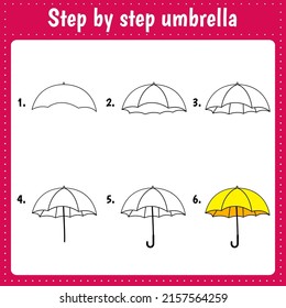 Educational worksheet for kids. Step by step drawing illustration. Umbrella. Activity page for preschool education.