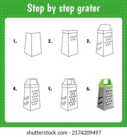 Educational worksheet for kids. Step by step drawing illustration. Grater. Kitchen utensil. Activity page for preschool education.