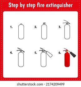 Educational worksheet for kids. Step by step drawing illustration. Fire extinguisher. Activity page for preschool education.